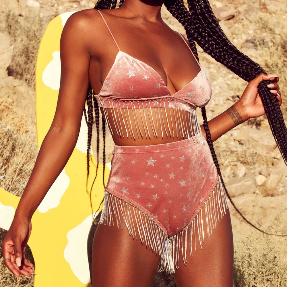 Pink Velvet & Rhinestone Fringe Set